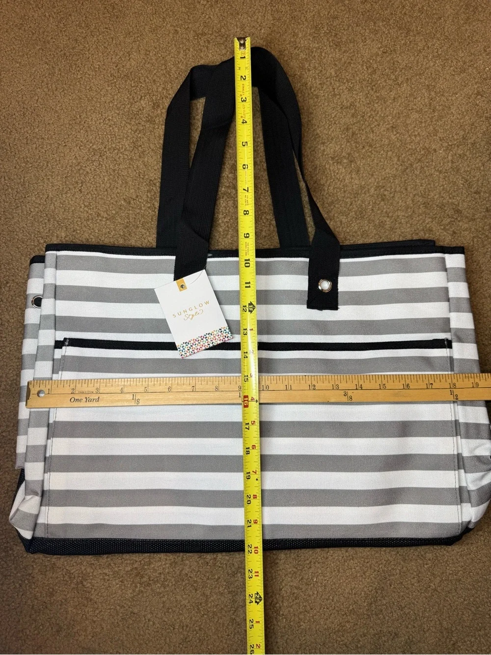 Gray & White Striped Tote Bag zipper 4 pockets beach office gym school travel